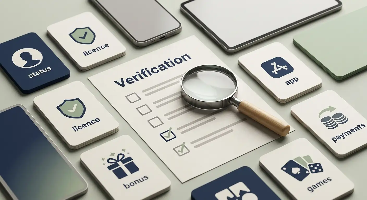 Editorial FAQ illustration with neutral casino status and account question cards