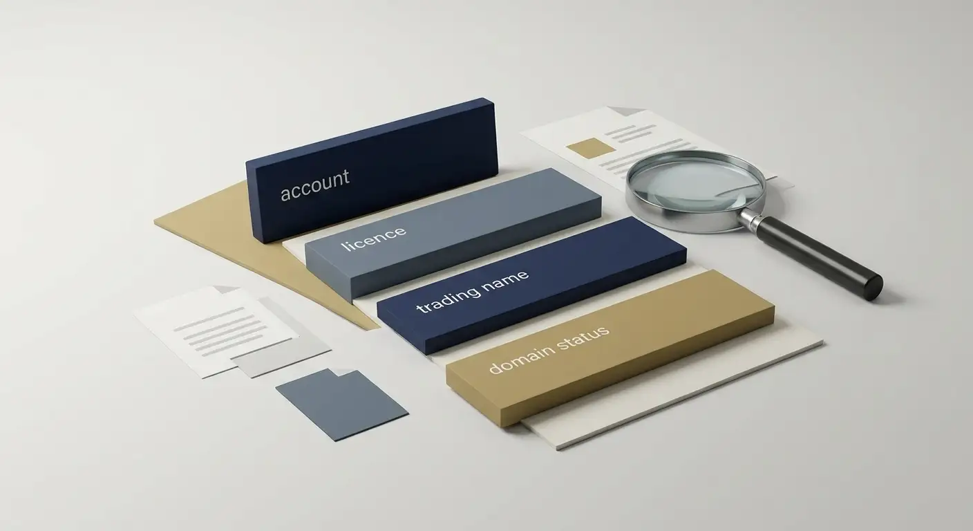 Editorial illustration of a licence-register checklist with account, status and domain fields