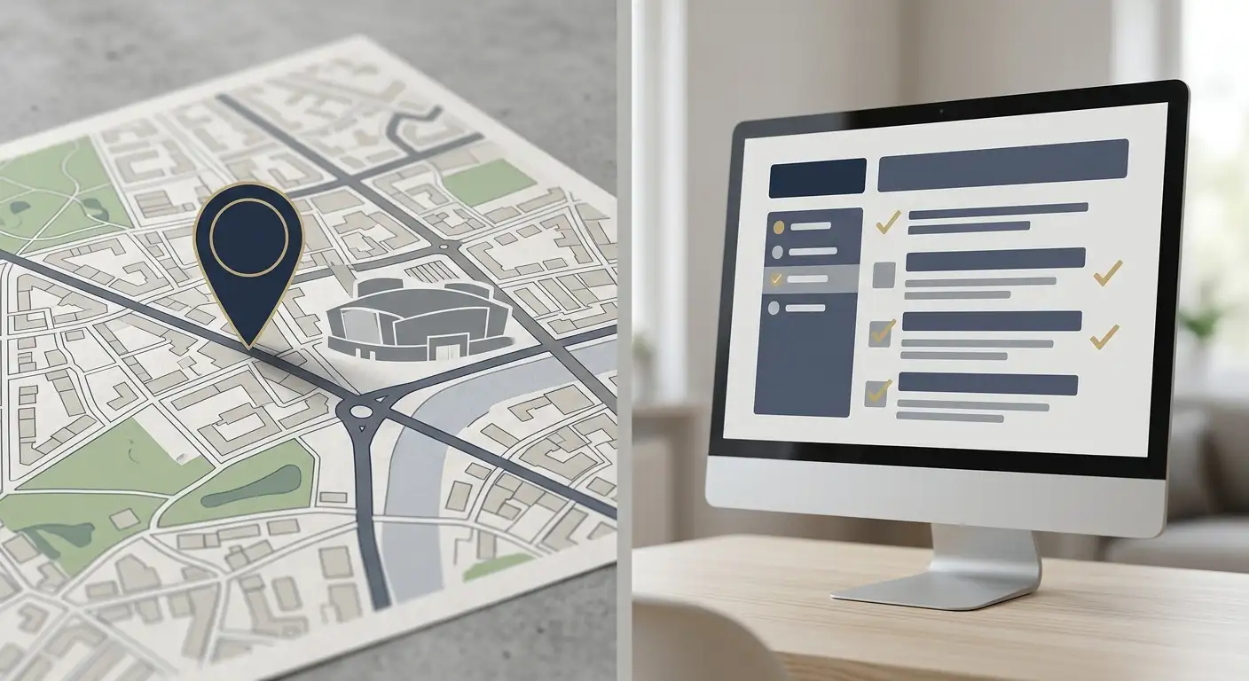 Editorial illustration separating a casino venue map pin from an online licence checklist