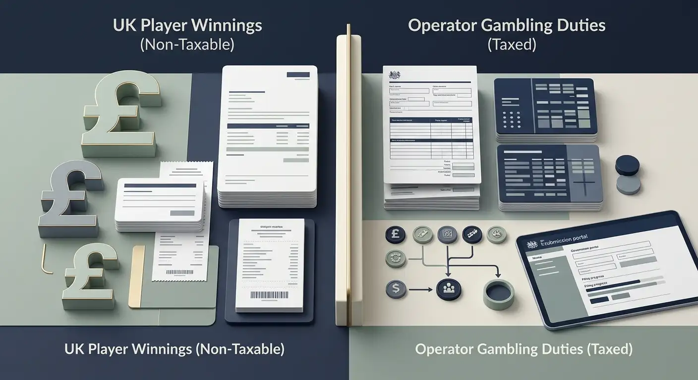 Editorial illustration showing UK casino winnings tax distinction between player and operator